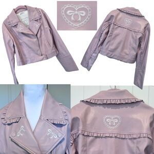 Rareraw Pink Ruffle Moto Jacket Heart Bow Embroidery Faux Leather SzSmall 18 PTP